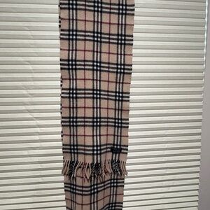 Burberry Beige Plaid Wool Fringe Scarf